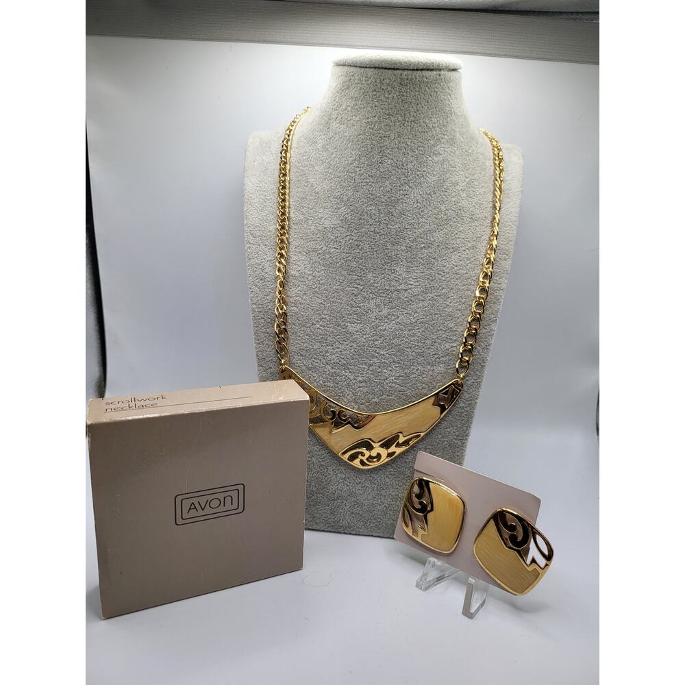 Vintage Avon Scrollwork Necklace and Earrings Set NOS Cream Gold 1980s